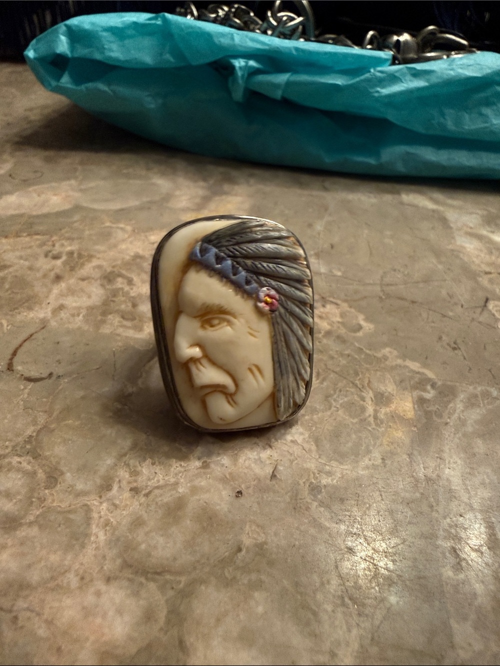 Vintage nut stone carved native American profile ring .925 size large 9